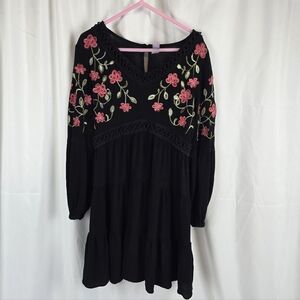 Francesca's Tammy Sweetheart Black Floral Embroidered Babydoll Dress Girls YTH8